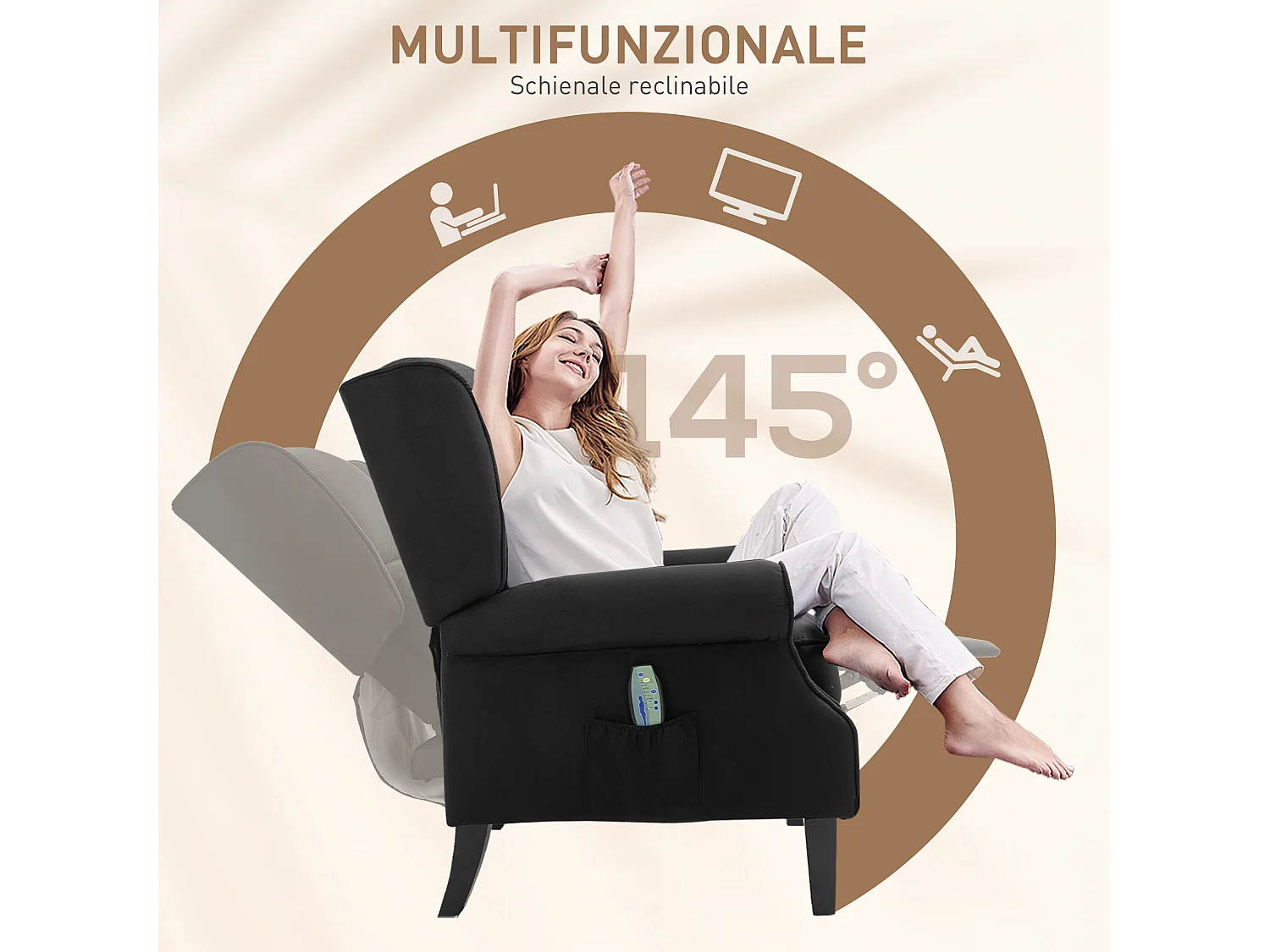 Poltrona per soggiorno schienale reclinabile in tessuto scamosciato