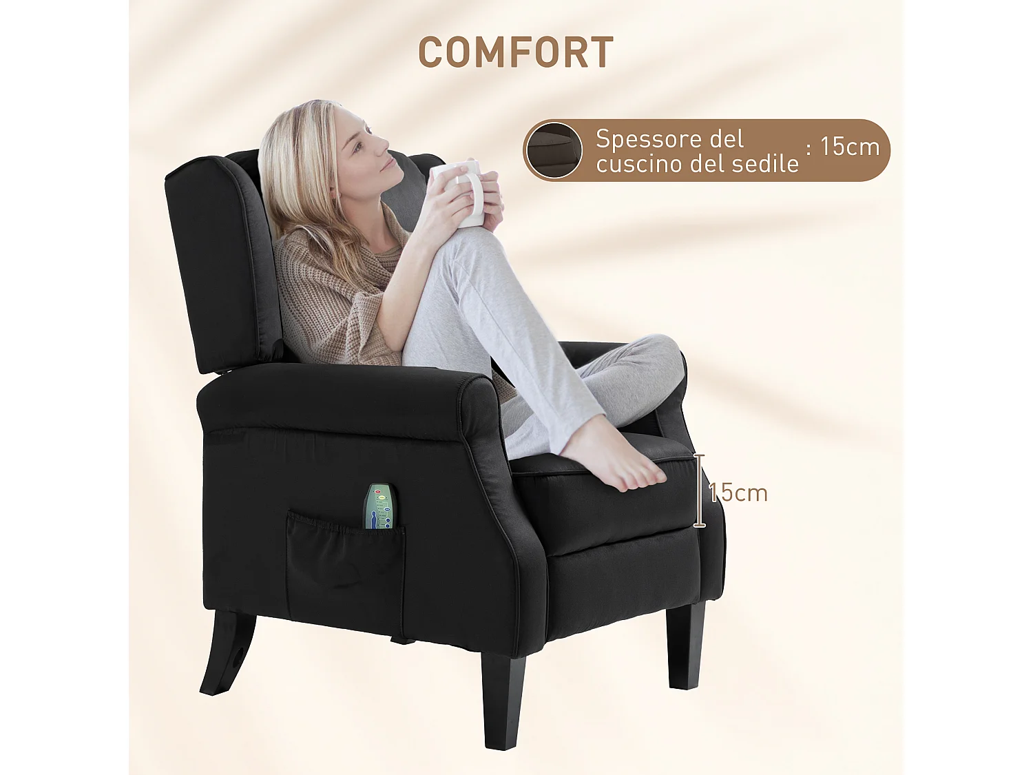 Poltrona per soggiorno schienale reclinabile in tessuto scamosciato