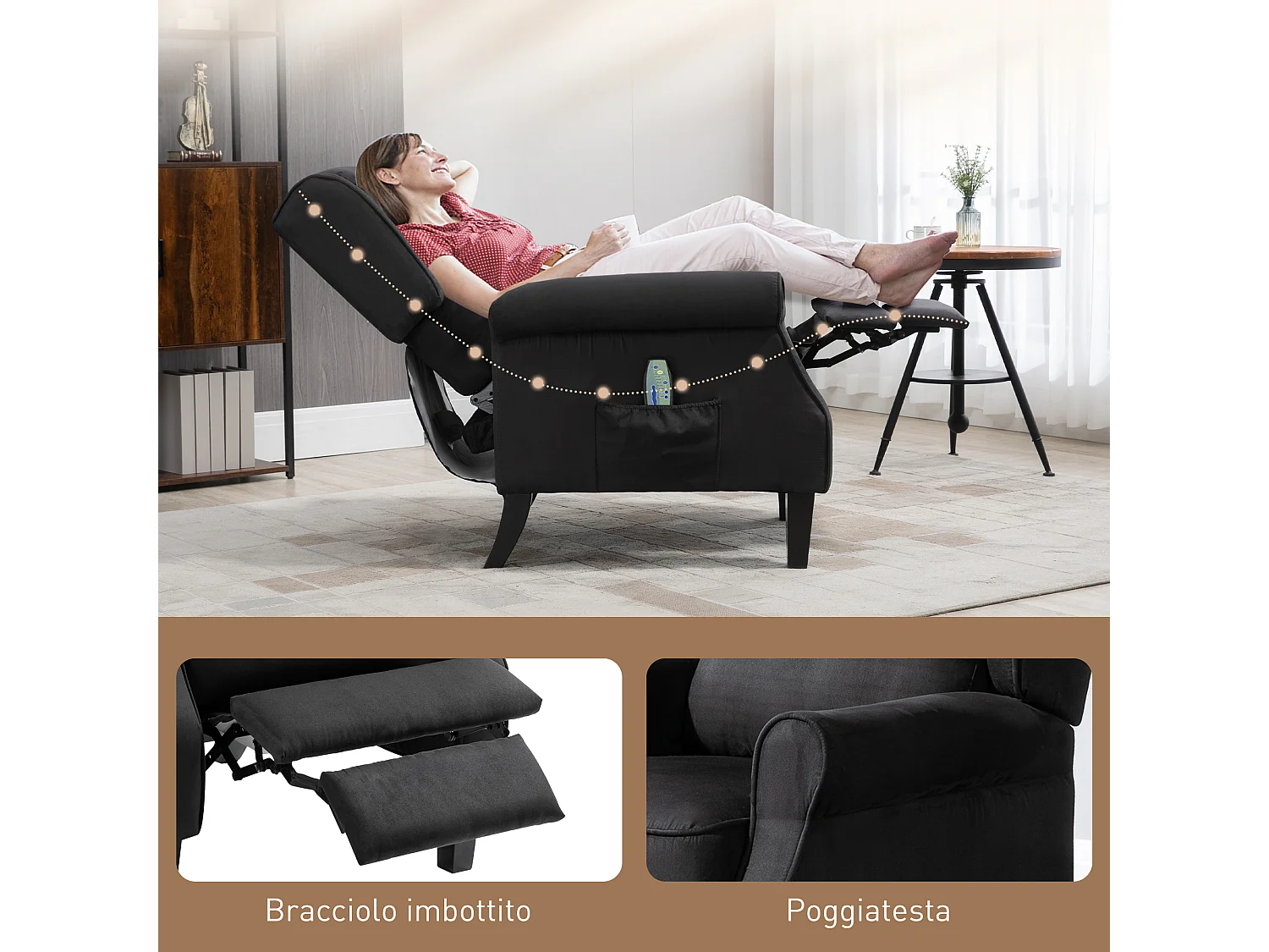 Poltrona per soggiorno schienale reclinabile in tessuto scamosciato