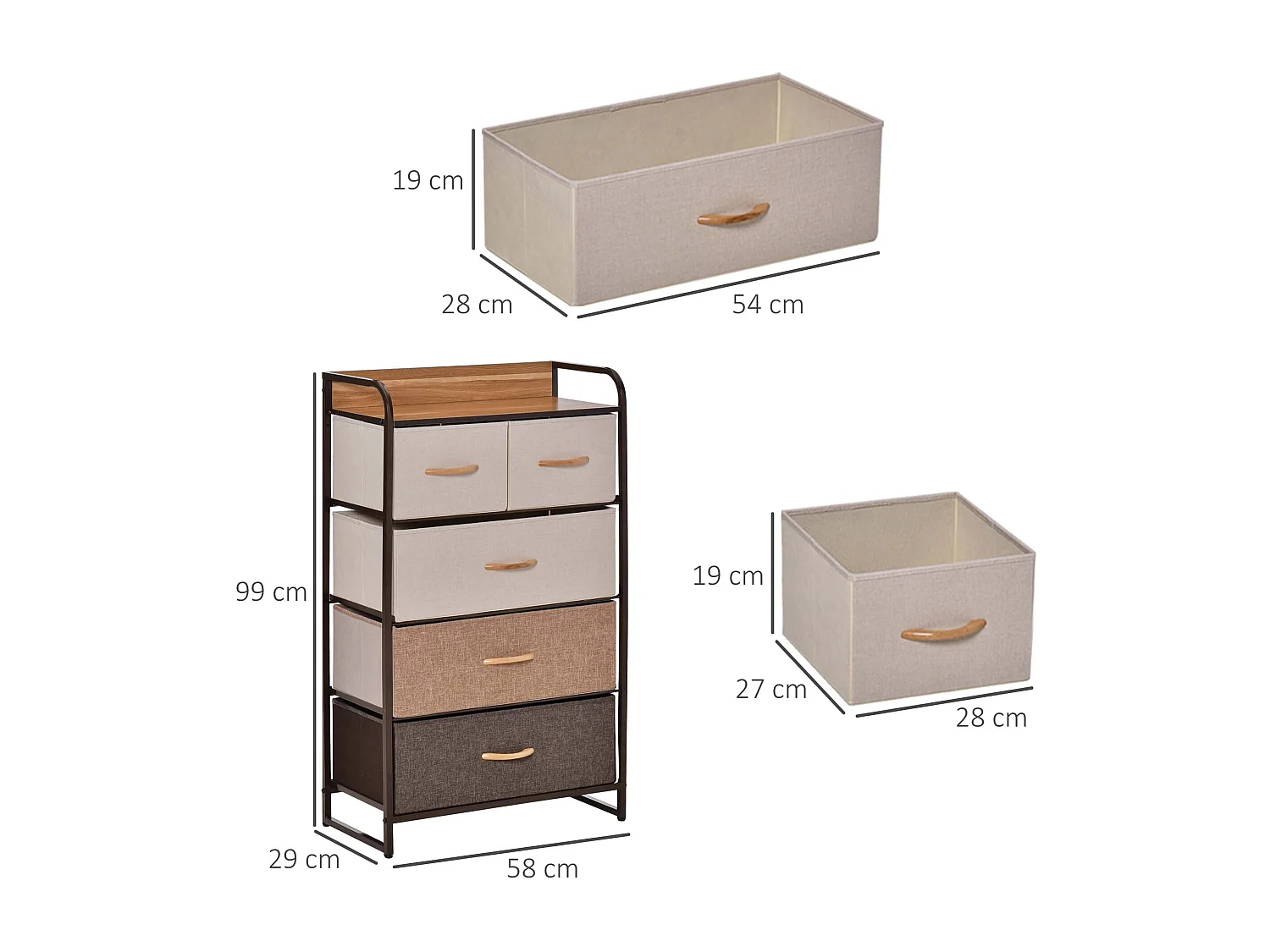Cassettiera 5 cassetti pieghevoli in metallo e mdf 58x29x99cm