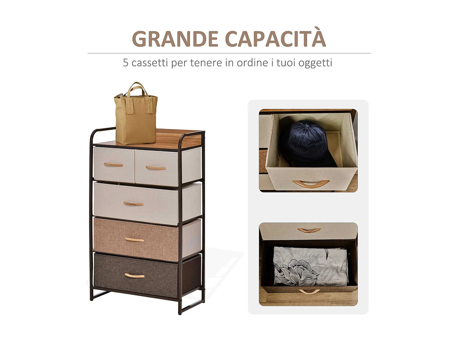 Cassettiera 5 cassetti pieghevoli in metallo e mdf 58x29x99cm