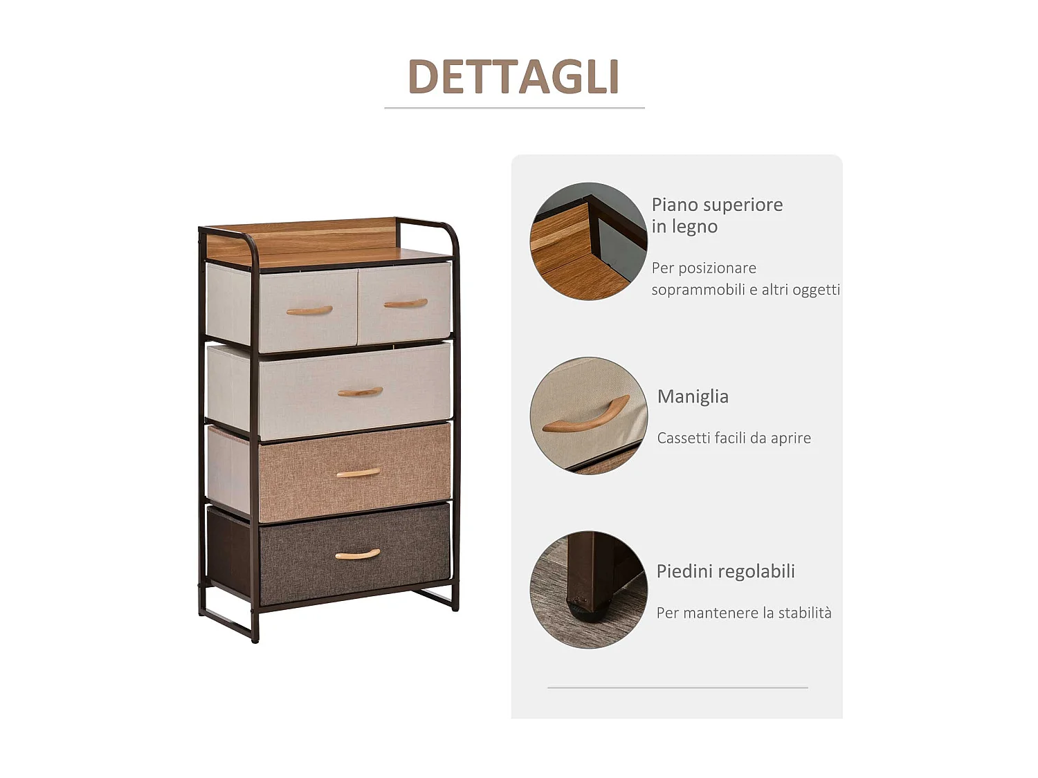 Cassettiera 5 cassetti pieghevoli in metallo e mdf 58x29x99cm