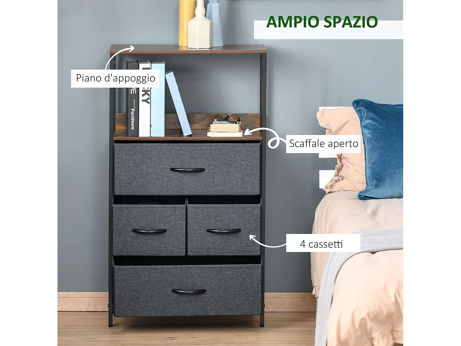 Mobile cassettiera multiuso 4 cassetti in tessuto 58x29x103cm