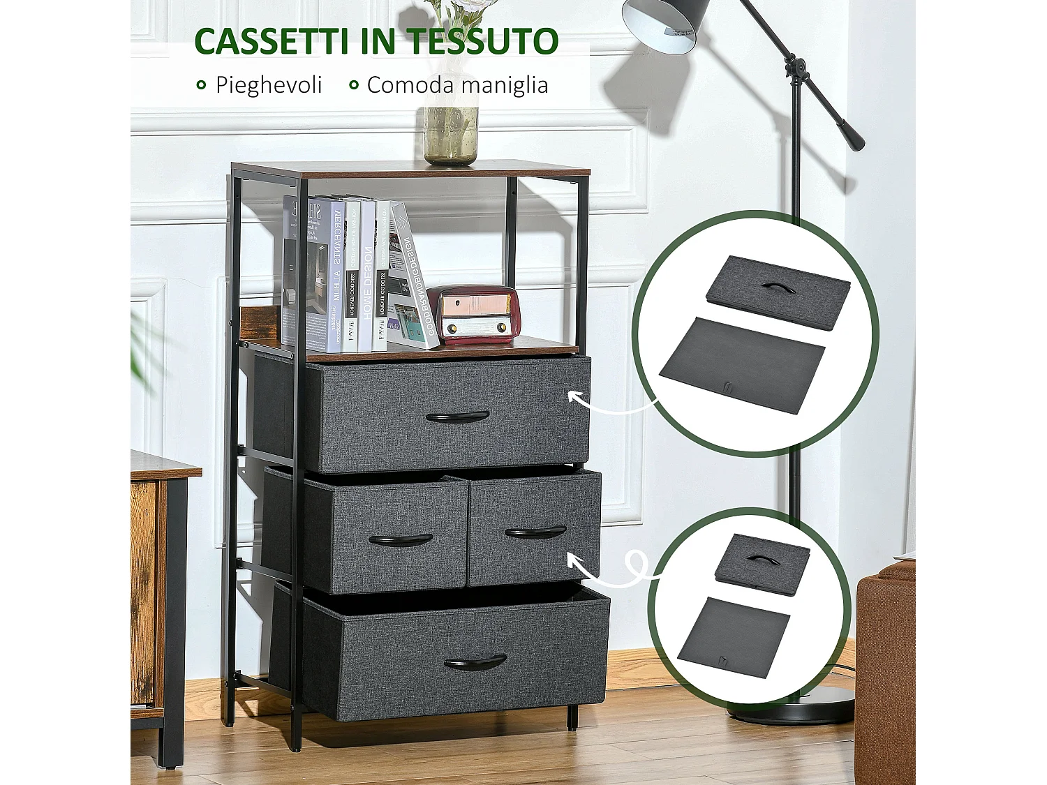 Mobile cassettiera multiuso 4 cassetti in tessuto 58x29x103cm