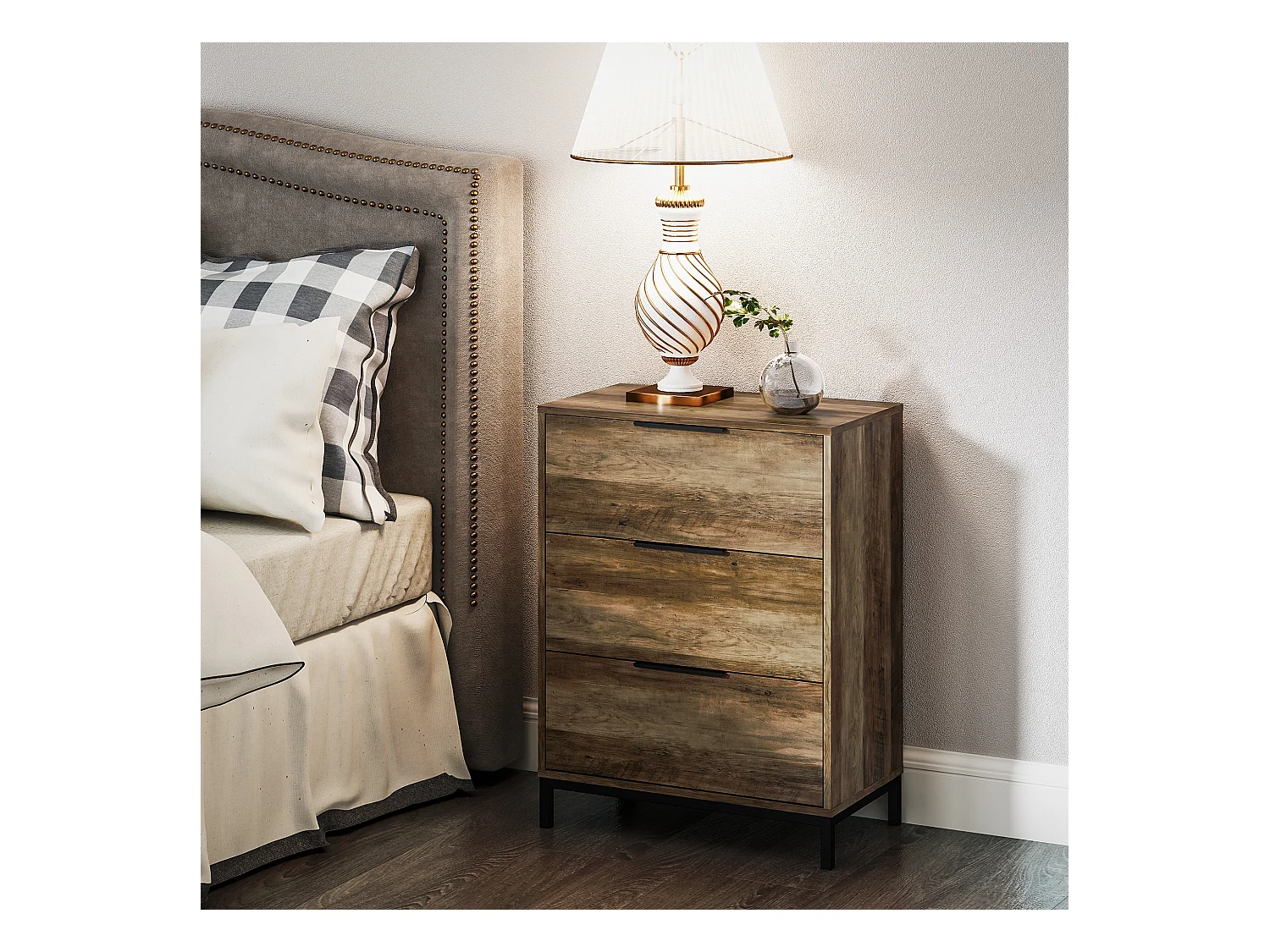 Cassettiera 3 cassetti in truciolato e metallo 62x35x82 cm marrone