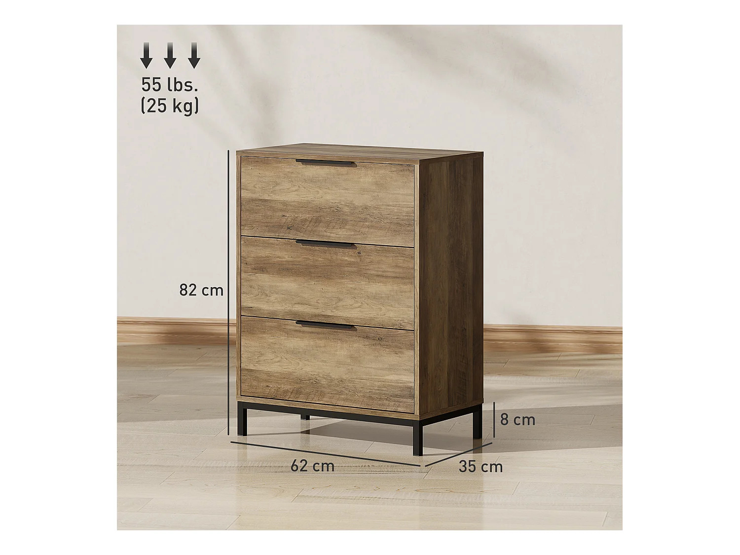 Cassettiera 3 cassetti in truciolato e metallo 62x35x82 cm marrone