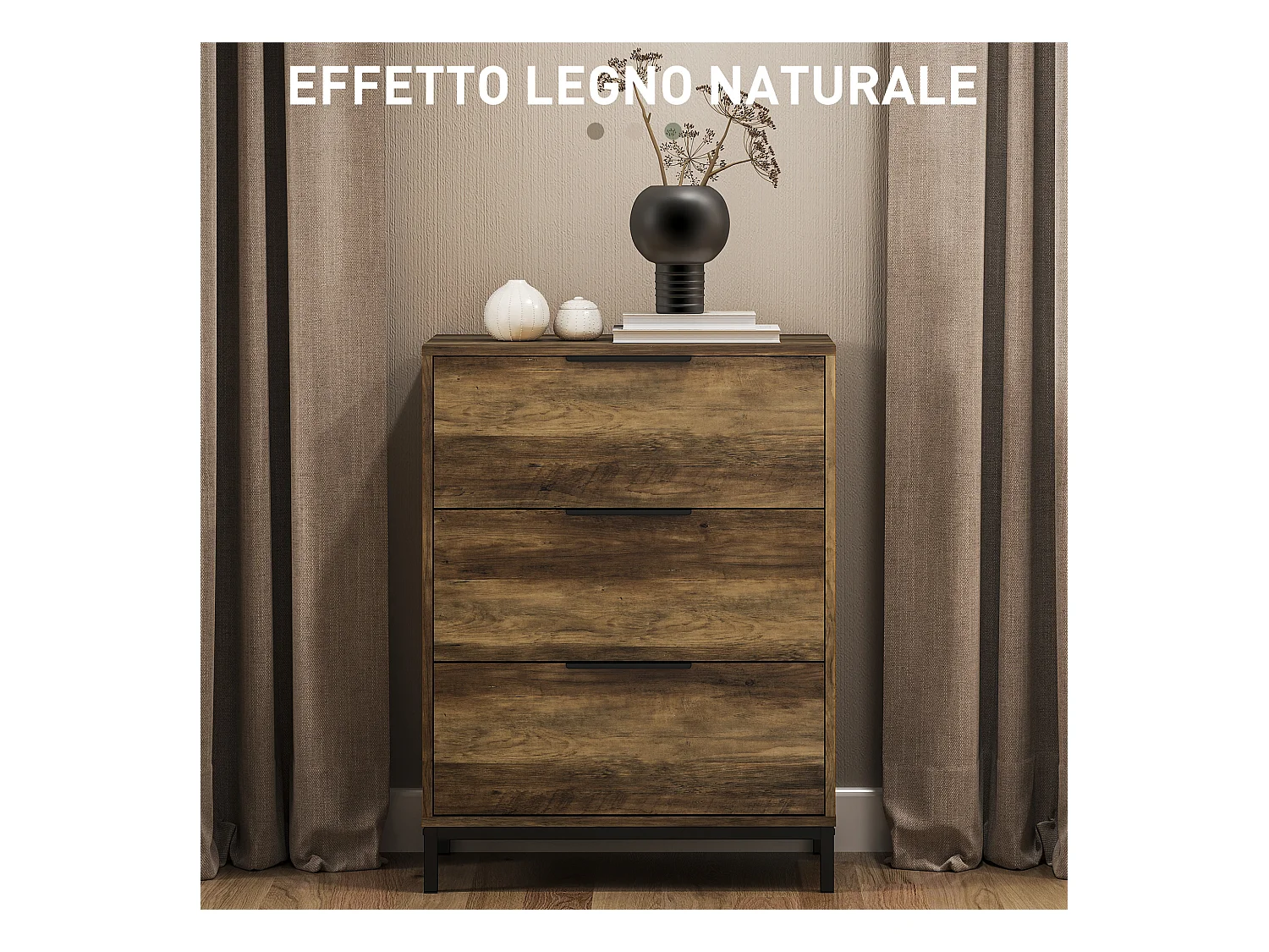 Cassettiera 3 cassetti in truciolato e metallo 62x35x82 cm marrone