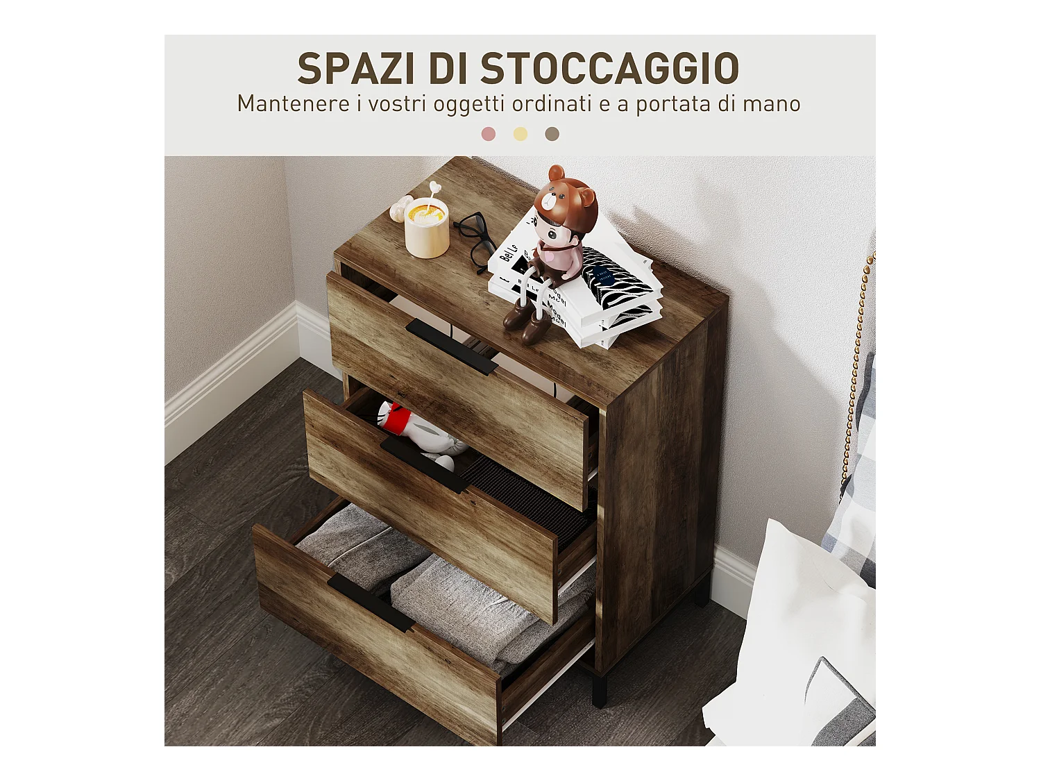 Cassettiera 3 cassetti in truciolato e metallo 62x35x82 cm marrone