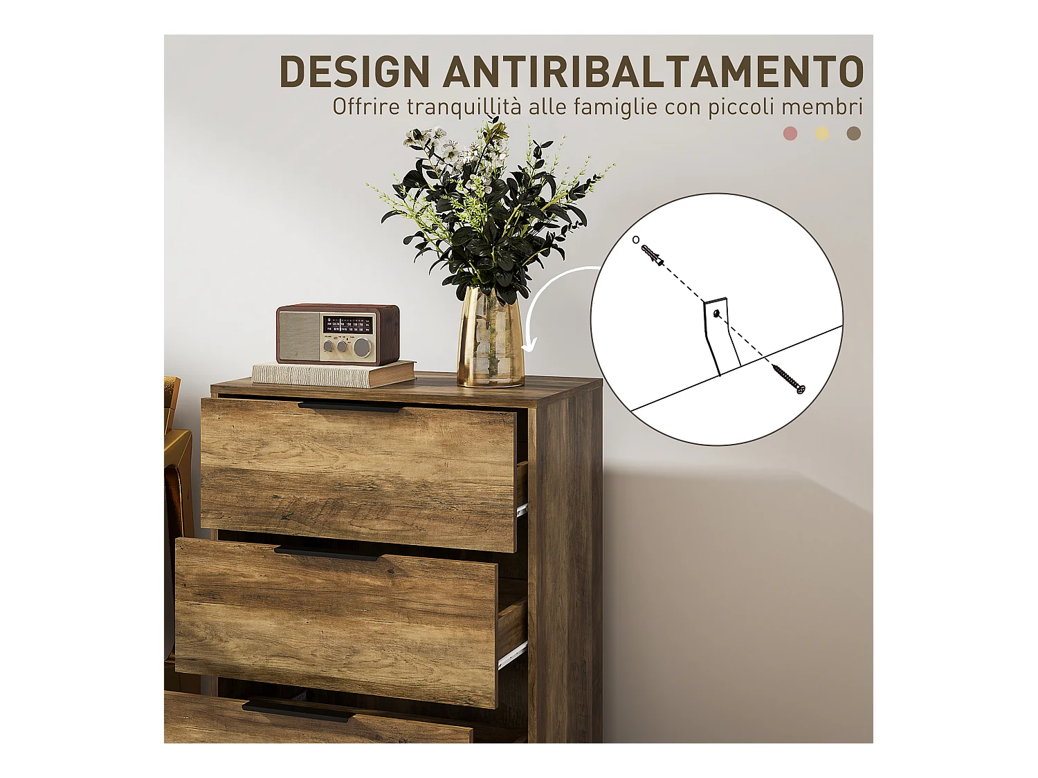 Cassettiera 3 cassetti in truciolato e metallo 62x35x82 cm marrone