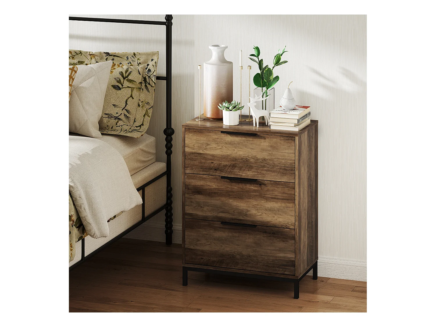 Cassettiera 3 cassetti in truciolato e metallo 62x35x82 cm marrone