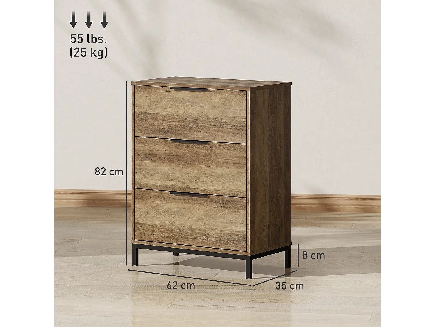 Cassettiera 3 cassetti in truciolato e metallo 62x35x82 cm marrone