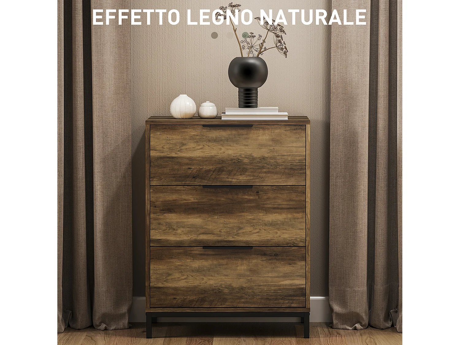 Cassettiera 3 cassetti in truciolato e metallo 62x35x82 cm marrone