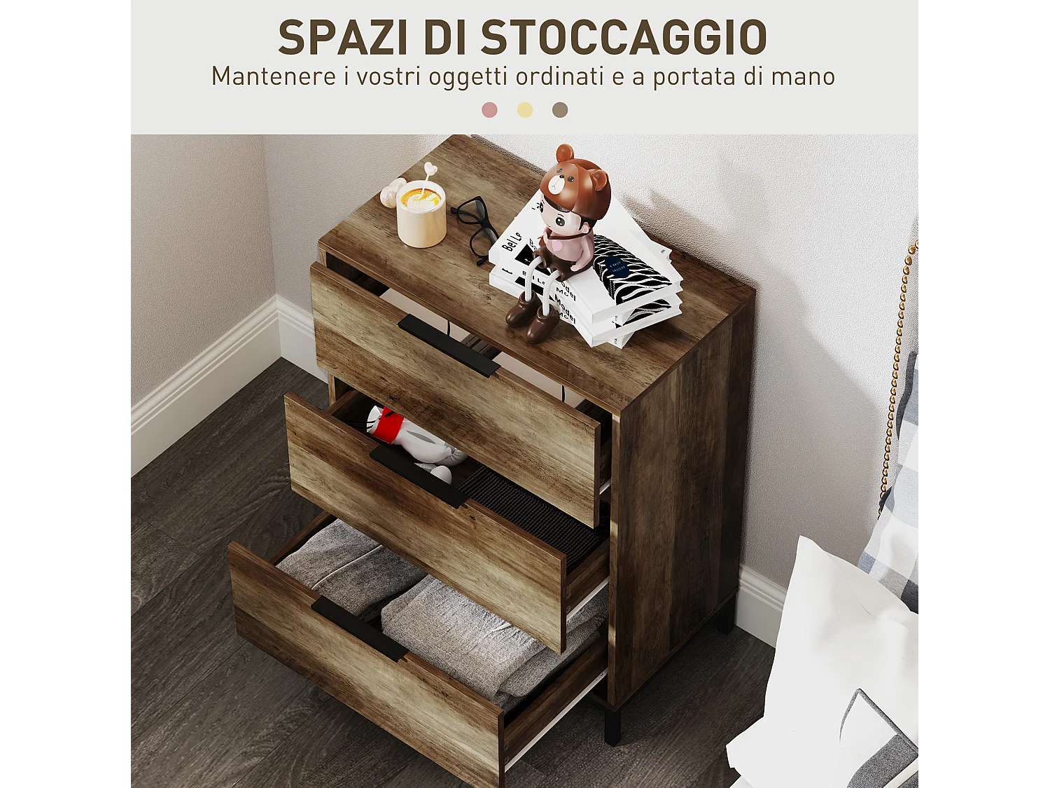 Cassettiera 3 cassetti in truciolato e metallo 62x35x82 cm marrone