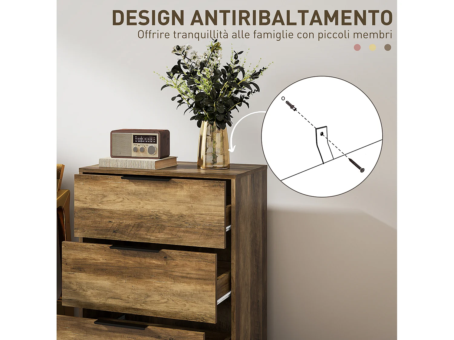 Cassettiera 3 cassetti in truciolato e metallo 62x35x82 cm marrone