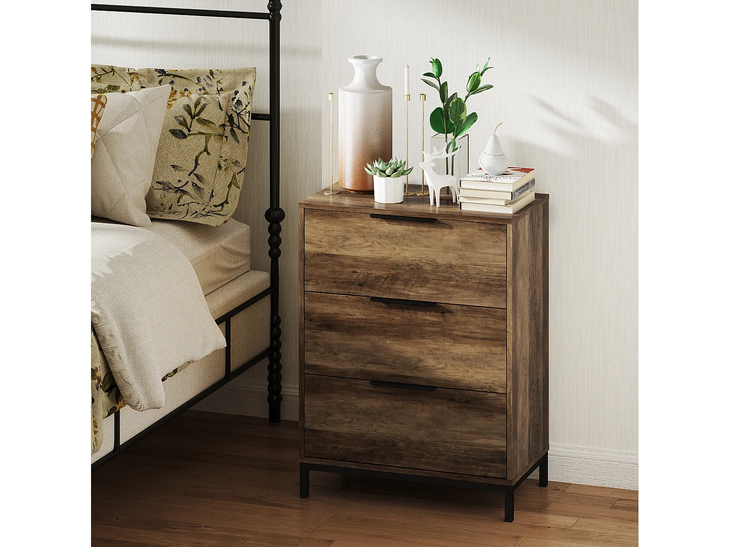 Cassettiera 3 cassetti in truciolato e metallo 62x35x82 cm marrone