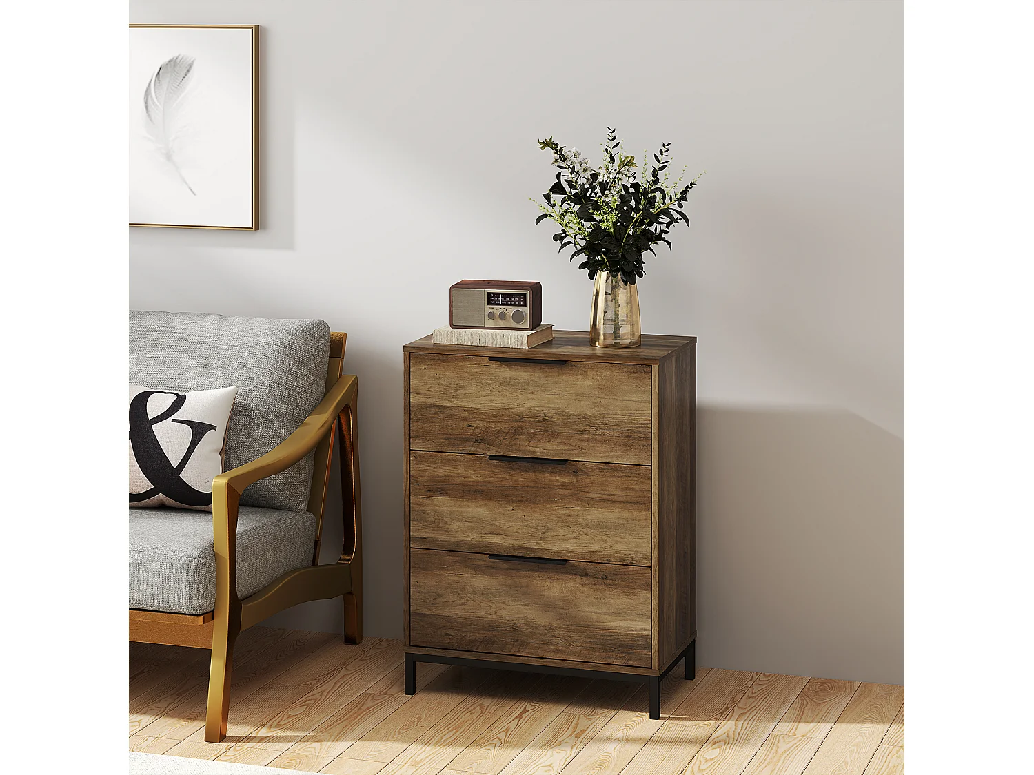 Cassettiera 3 cassetti in truciolato e metallo 62x35x82 cm marrone