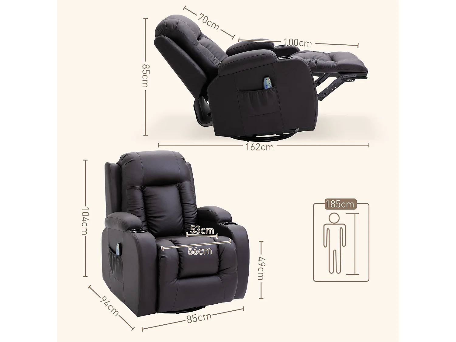 Poltrona massaggiante a 8 punti con telecomando in finta pelle marrone