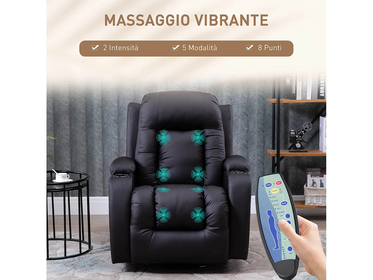 Poltrona massaggiante a 8 punti con telecomando in finta pelle marrone