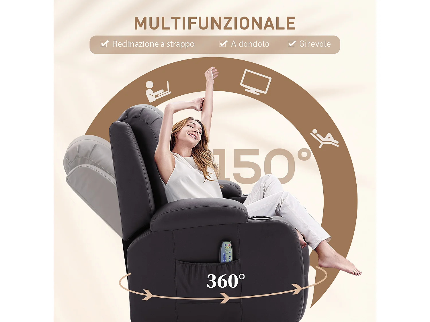 Poltrona massaggiante a 8 punti con telecomando in finta pelle marrone