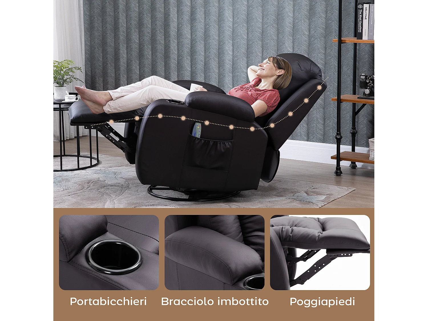 Poltrona massaggiante a 8 punti con telecomando in finta pelle marrone
