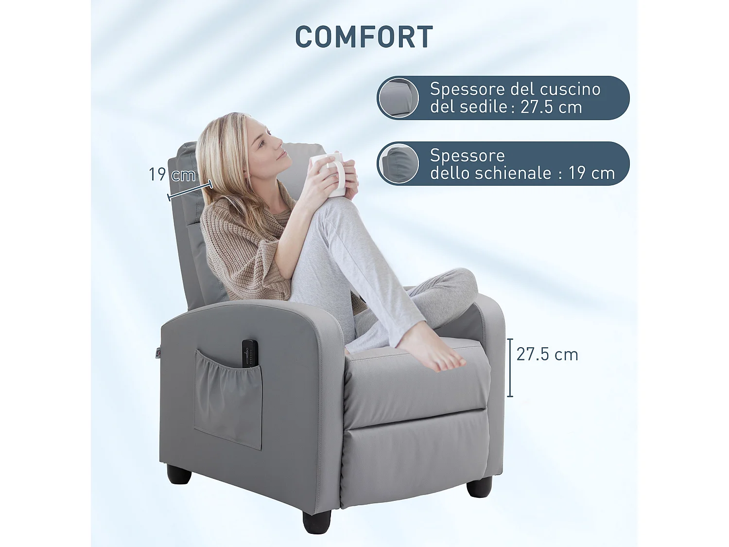 Poltrona massaggiante reclinabile con 8 modalità e telecomando grigio