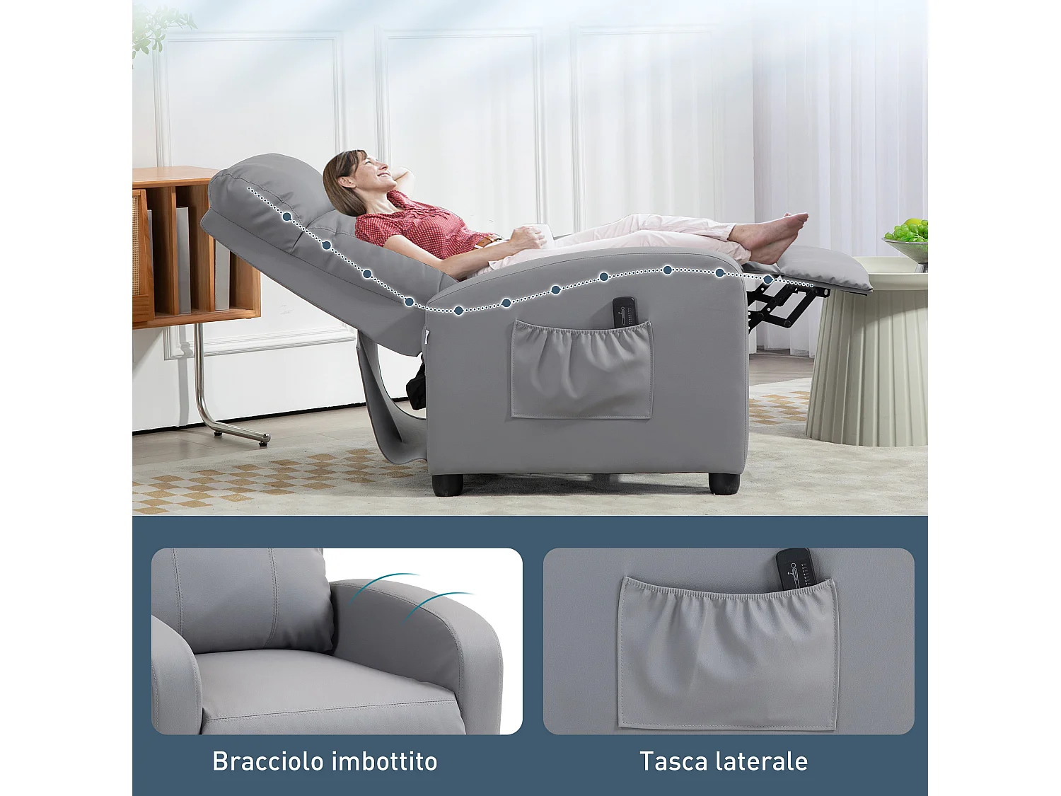 Poltrona massaggiante reclinabile con 8 modalità e telecomando grigio