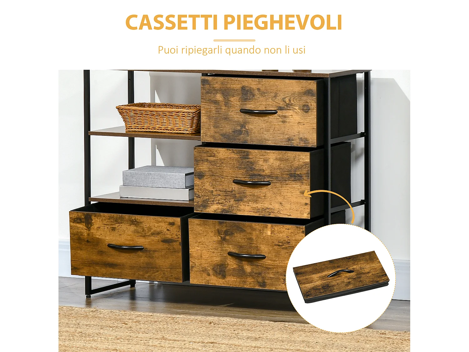 Cassettiera con 4 cassetti in tessuto e 2 ripiani aperti