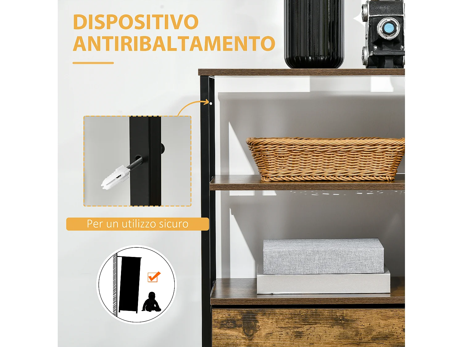 Cassettiera con 4 cassetti in tessuto e 2 ripiani aperti