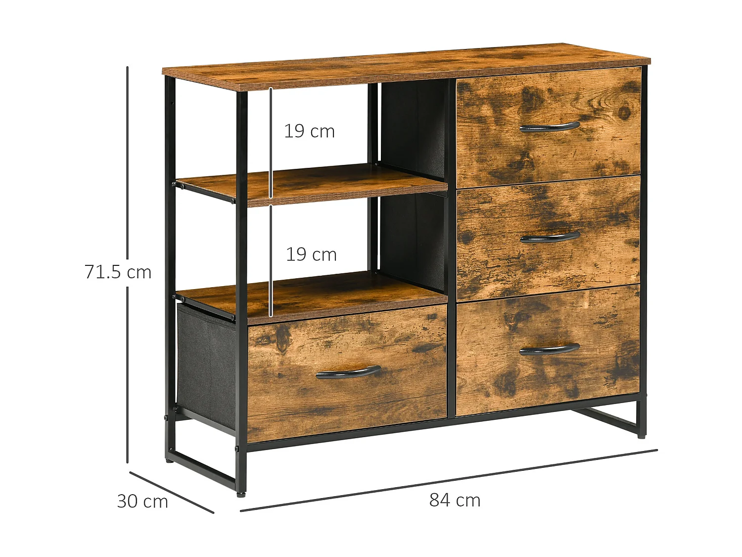 Cassettiera con 4 cassetti in tessuto e 2 ripiani aperti