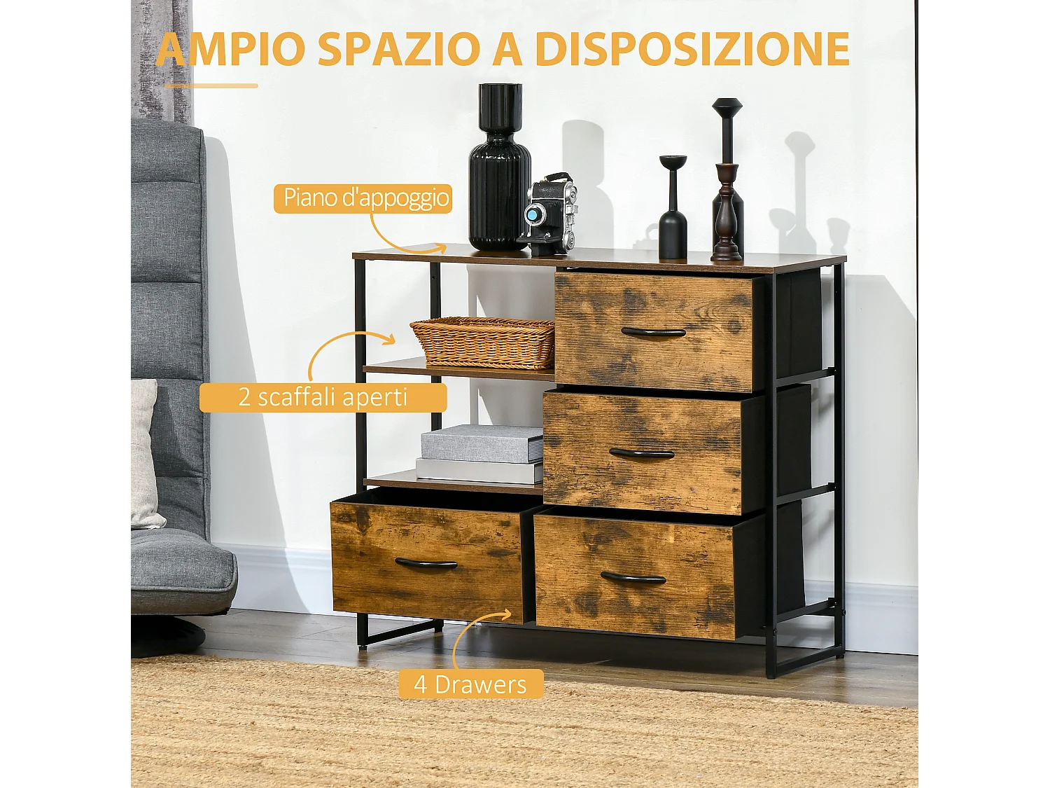 Cassettiera con 4 cassetti in tessuto e 2 ripiani aperti