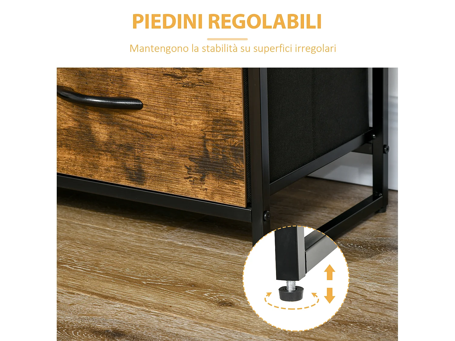 Cassettiera con 4 cassetti in tessuto e 2 ripiani aperti