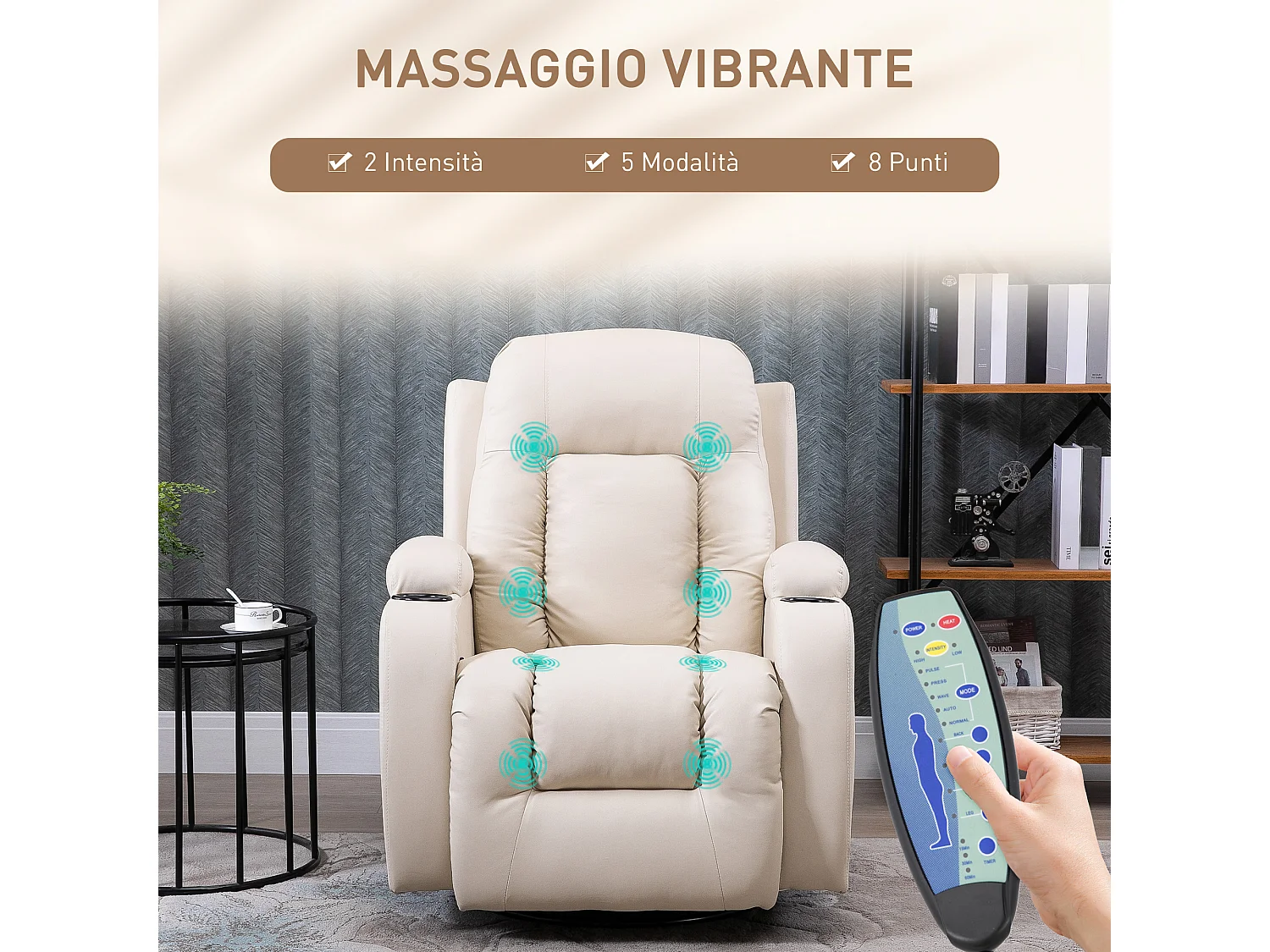Poltrona massaggiante a 8 punti con telecomando in finta pelle beige
