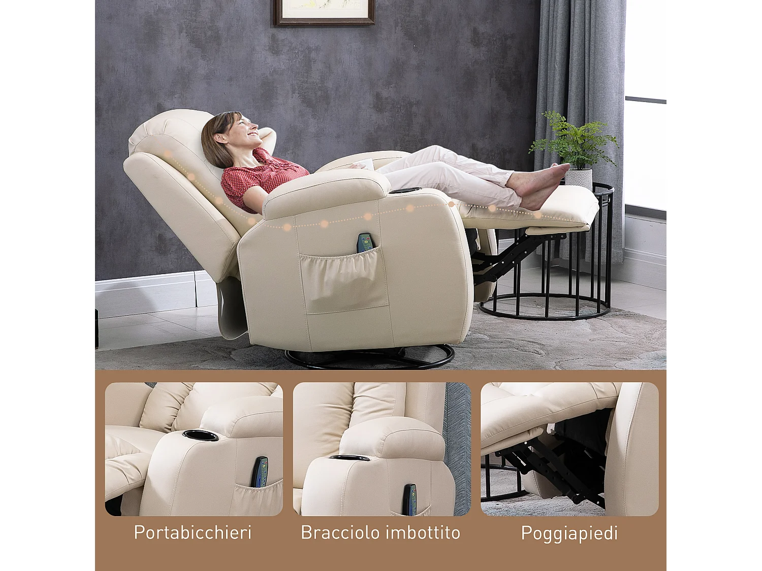 Poltrona massaggiante a 8 punti con telecomando in finta pelle beige