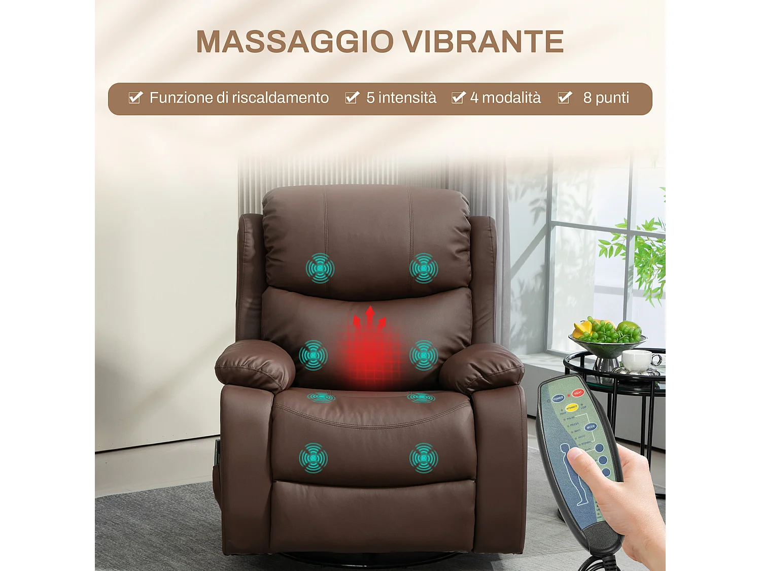 Poltrona relax reclinabile e massaggiante con riscaldamento marrone