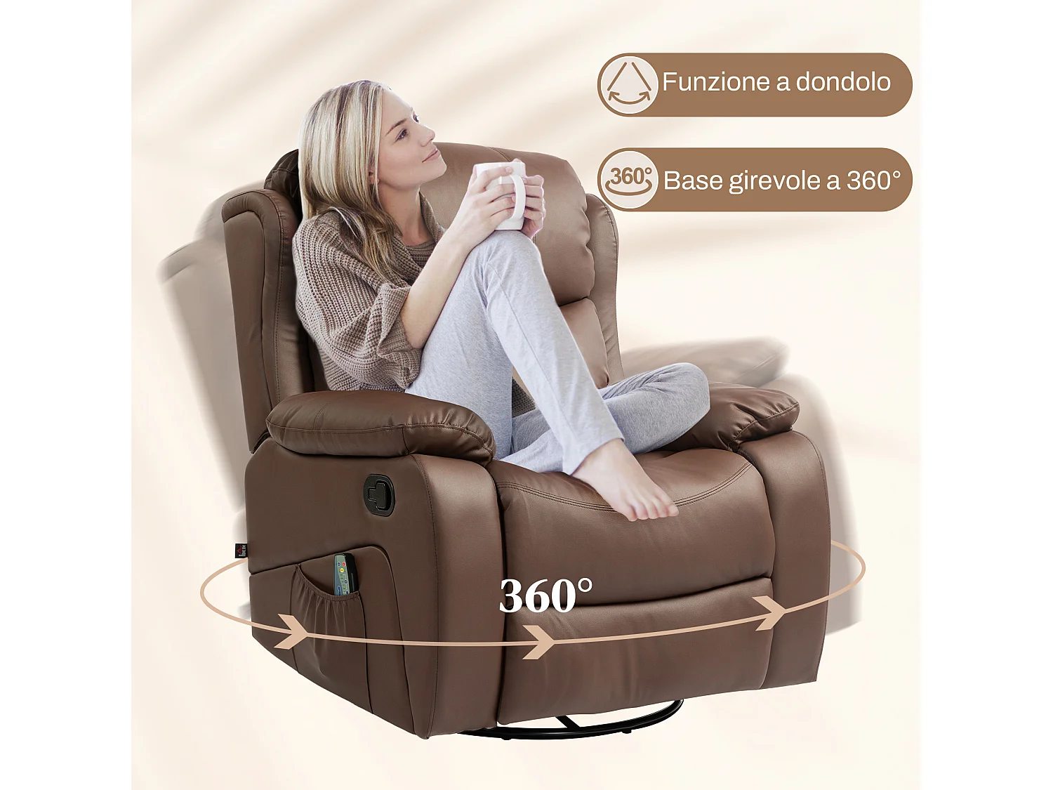 Poltrona relax reclinabile e massaggiante con riscaldamento marrone