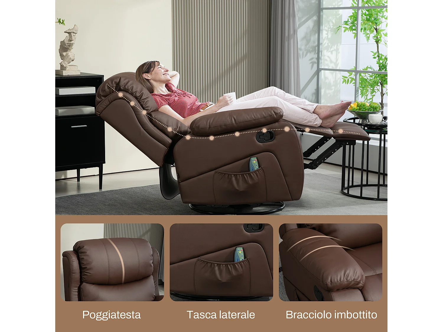 Poltrona relax reclinabile e massaggiante con riscaldamento marrone