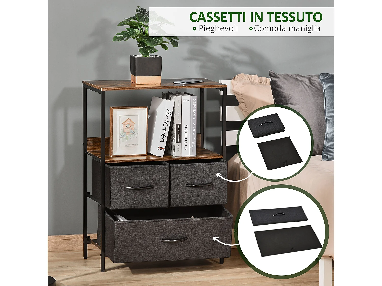 Mobile cassettiera multiuso 3 cassetti in tessuto 58x29x81.5cm