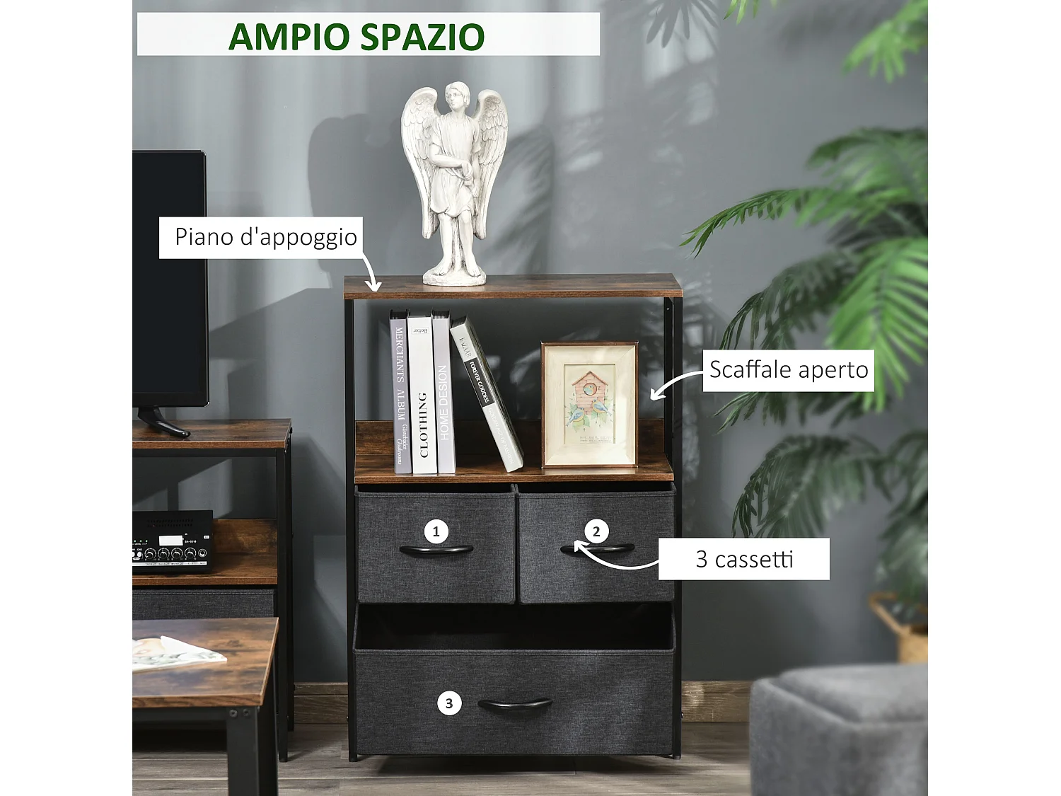 Mobile cassettiera multiuso 3 cassetti in tessuto 58x29x81.5cm