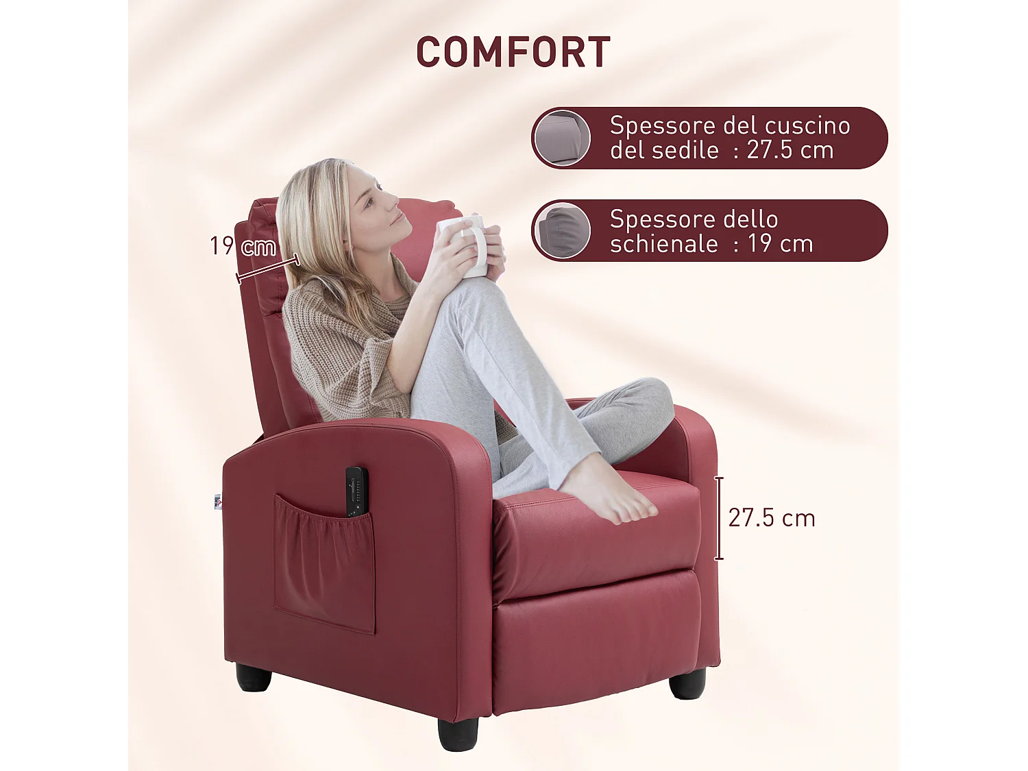 Poltrona massaggiante reclinabile con 8 modalità e telecomando rosso