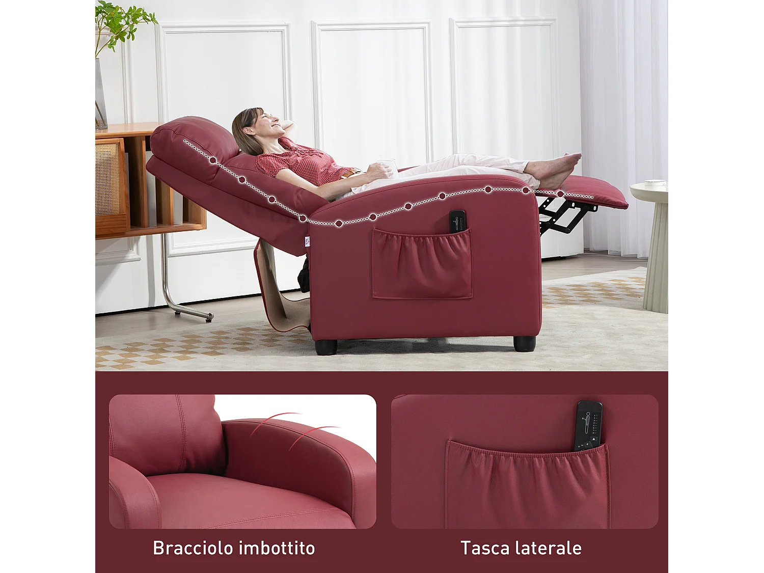 Poltrona massaggiante reclinabile con 8 modalità e telecomando rosso