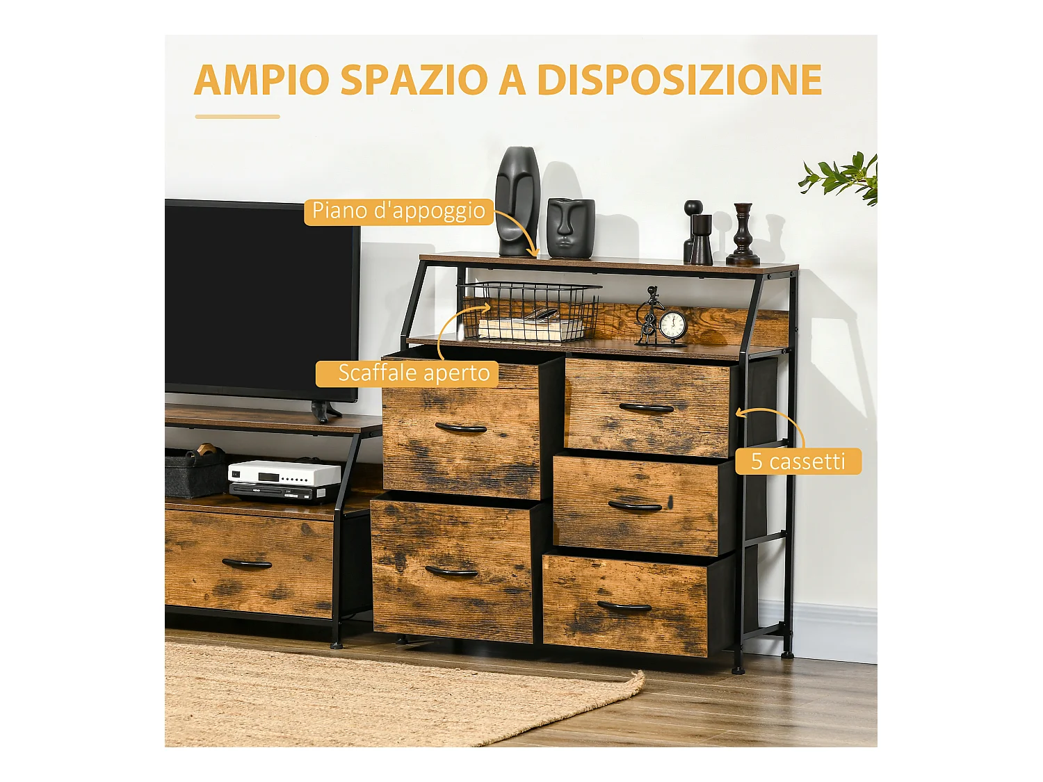 Cassettiera stile industriale 5 cassetti in tessuto pieghevoli