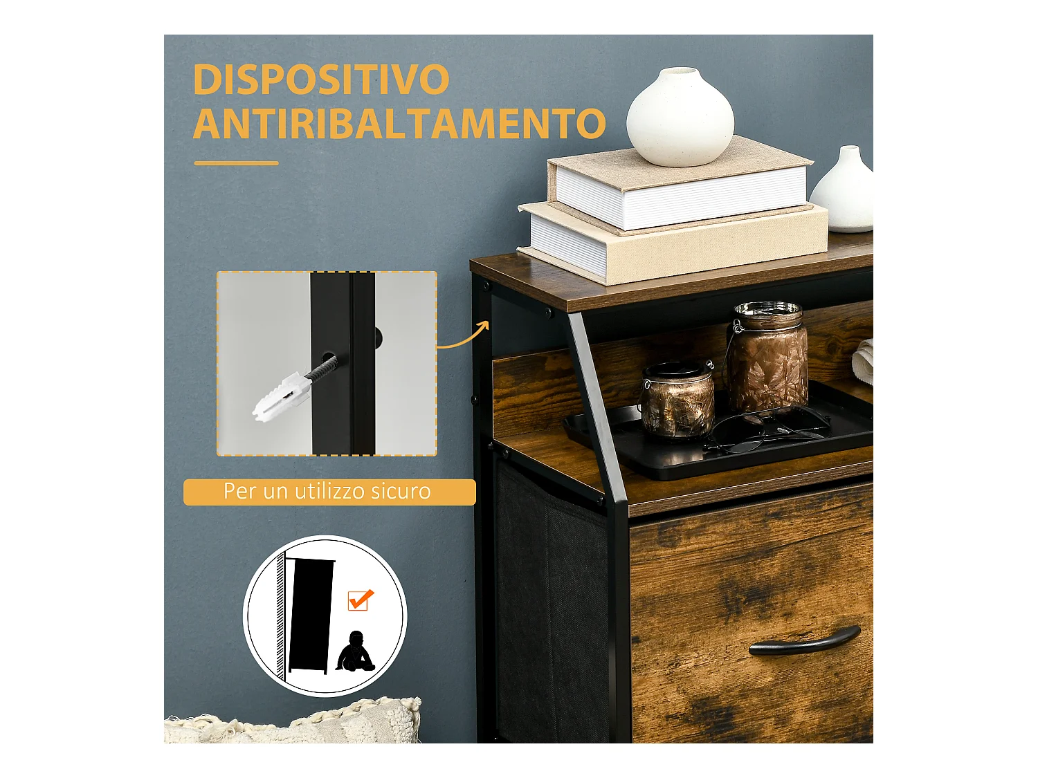 Cassettiera stile industriale 5 cassetti in tessuto pieghevoli