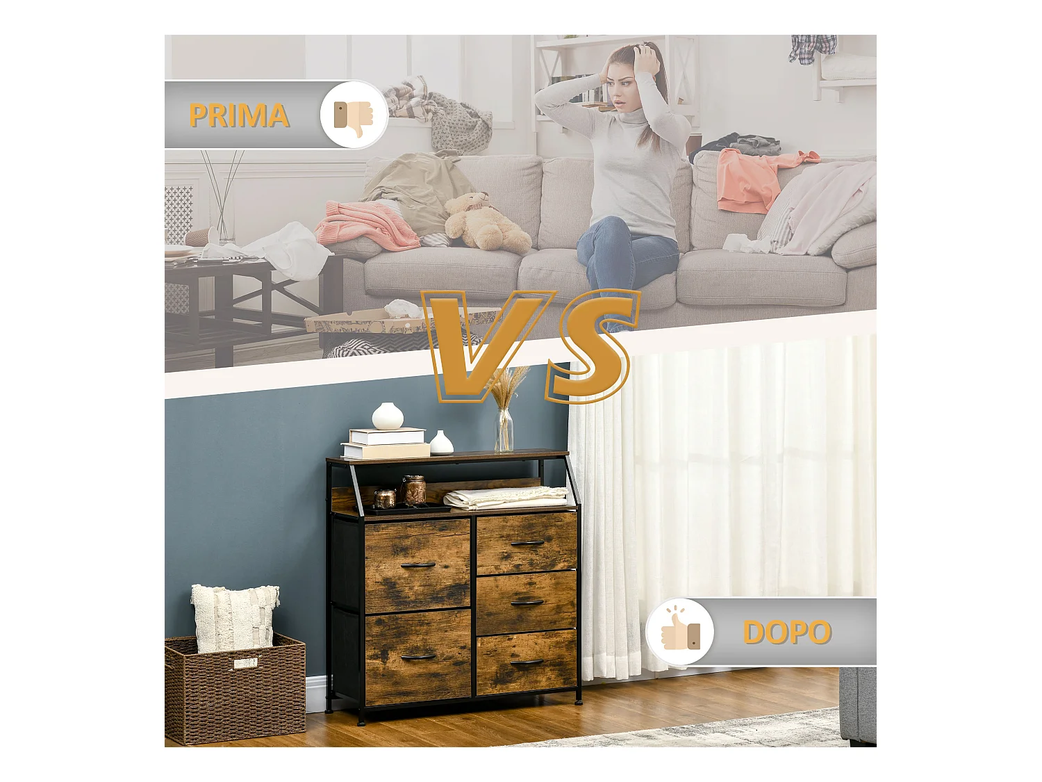 Cassettiera stile industriale 5 cassetti in tessuto pieghevoli