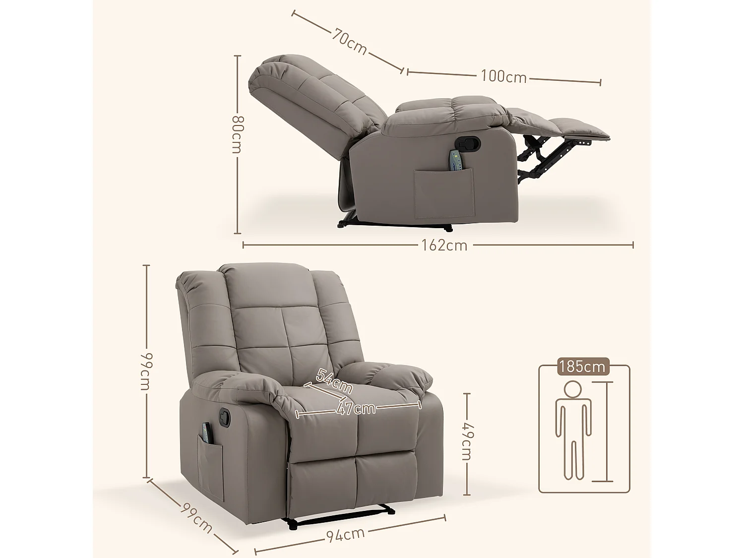 Poltrona relax massaggiante e reclinabile in finta pelle grigia