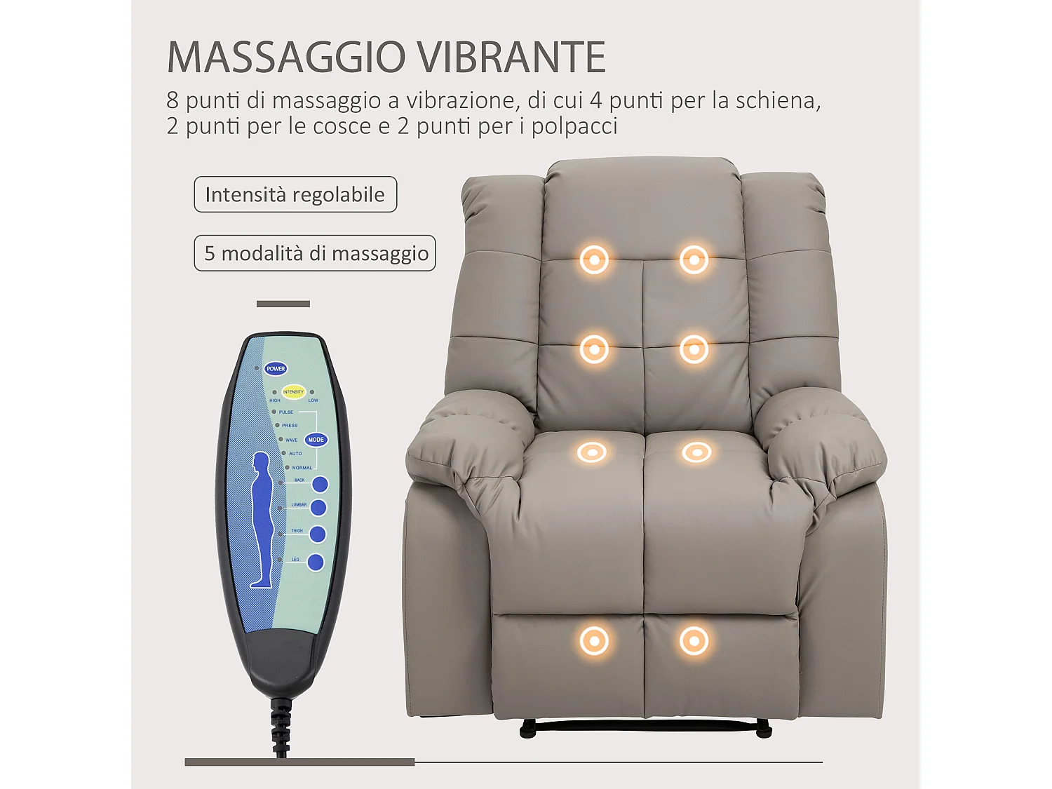 Poltrona relax massaggiante e reclinabile in finta pelle grigia