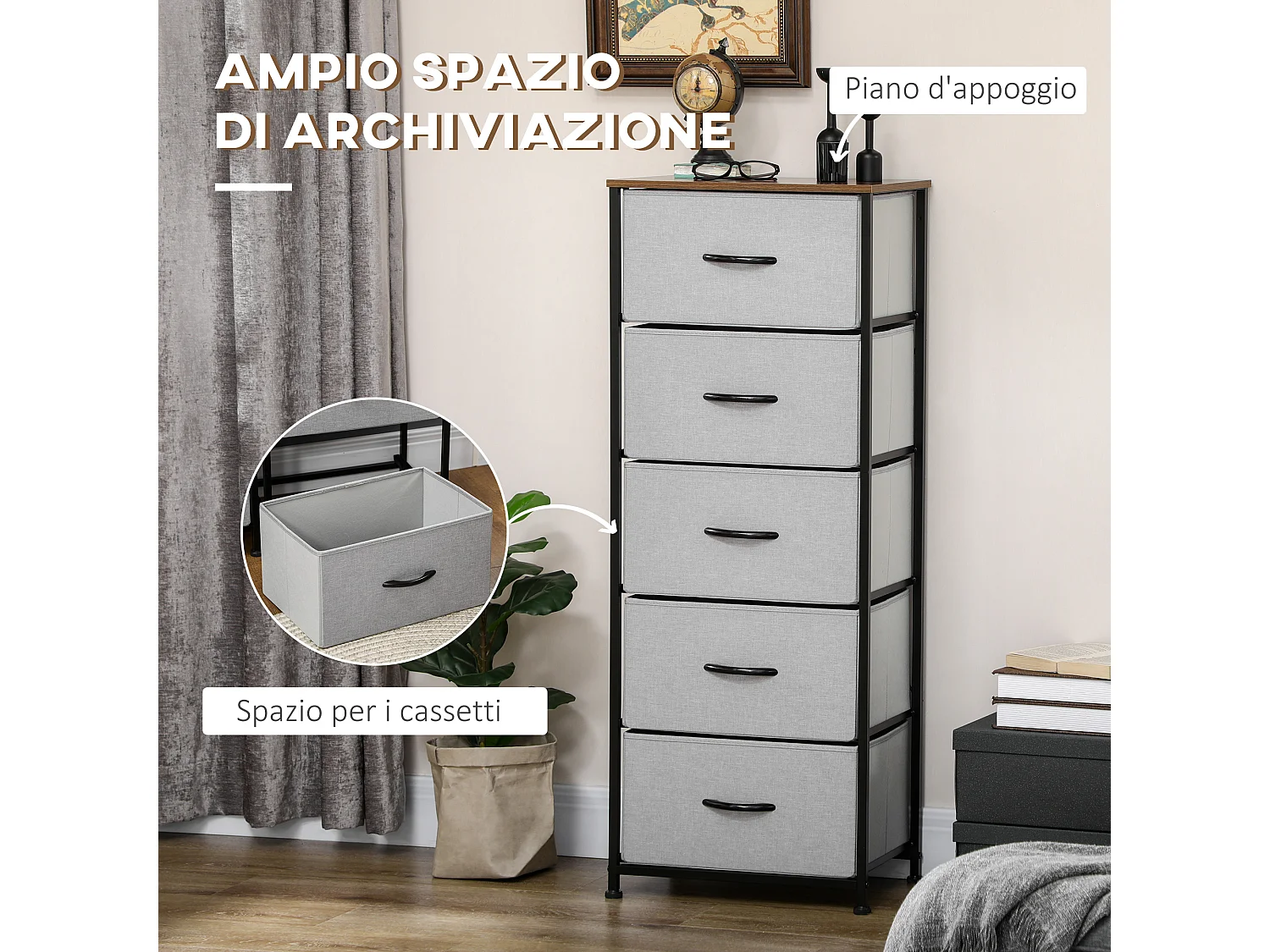 Cassettiera 5 cassetti in tessuto rimovibili stile industriale