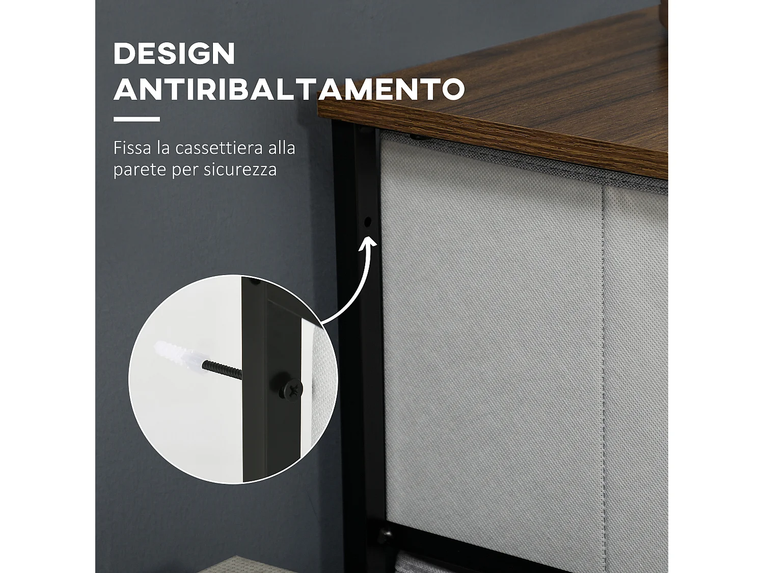 Cassettiera 5 cassetti in tessuto rimovibili stile industriale