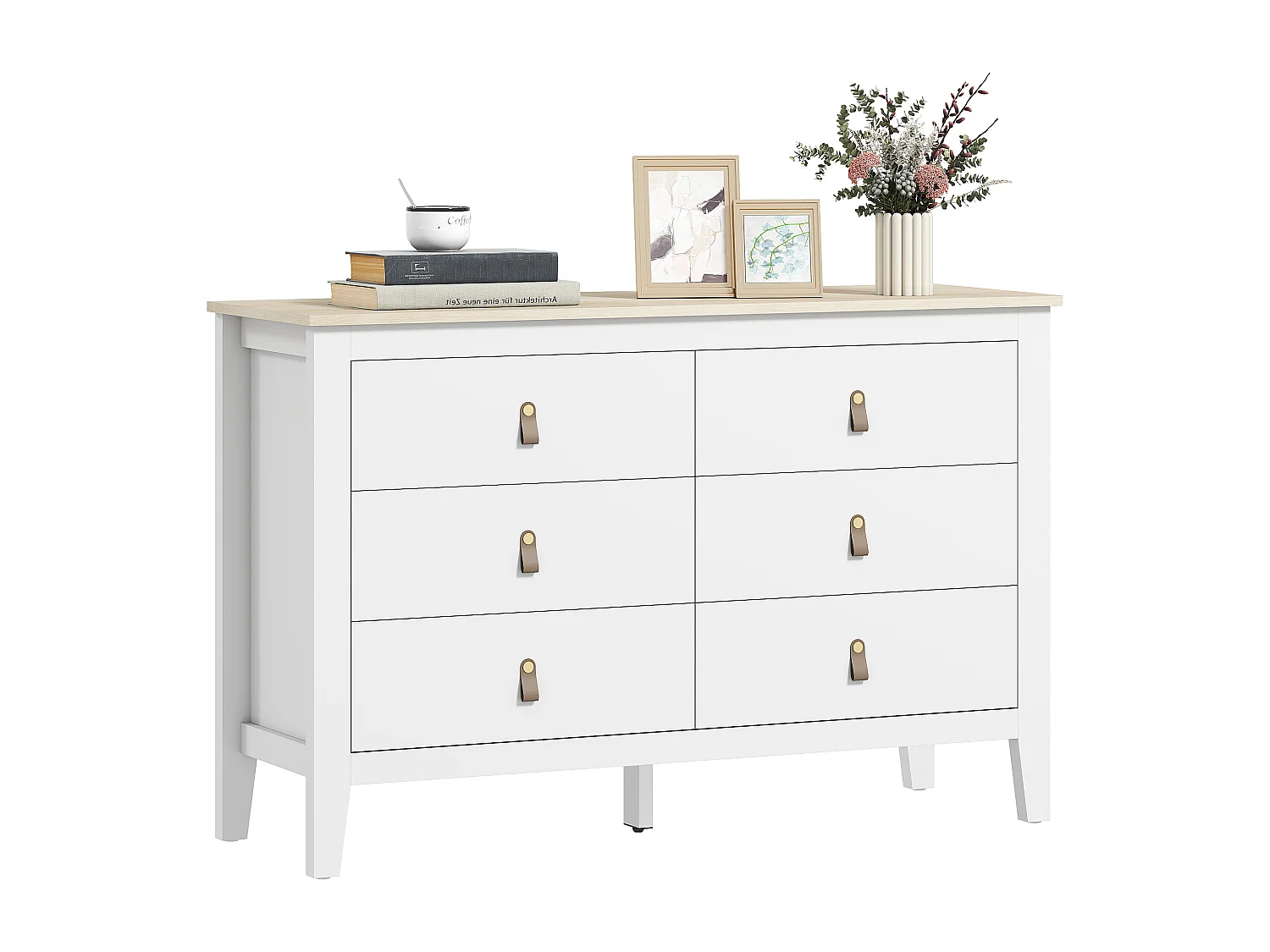 Cassettiera 6 cassetti con maniglie in finta pelle bianco