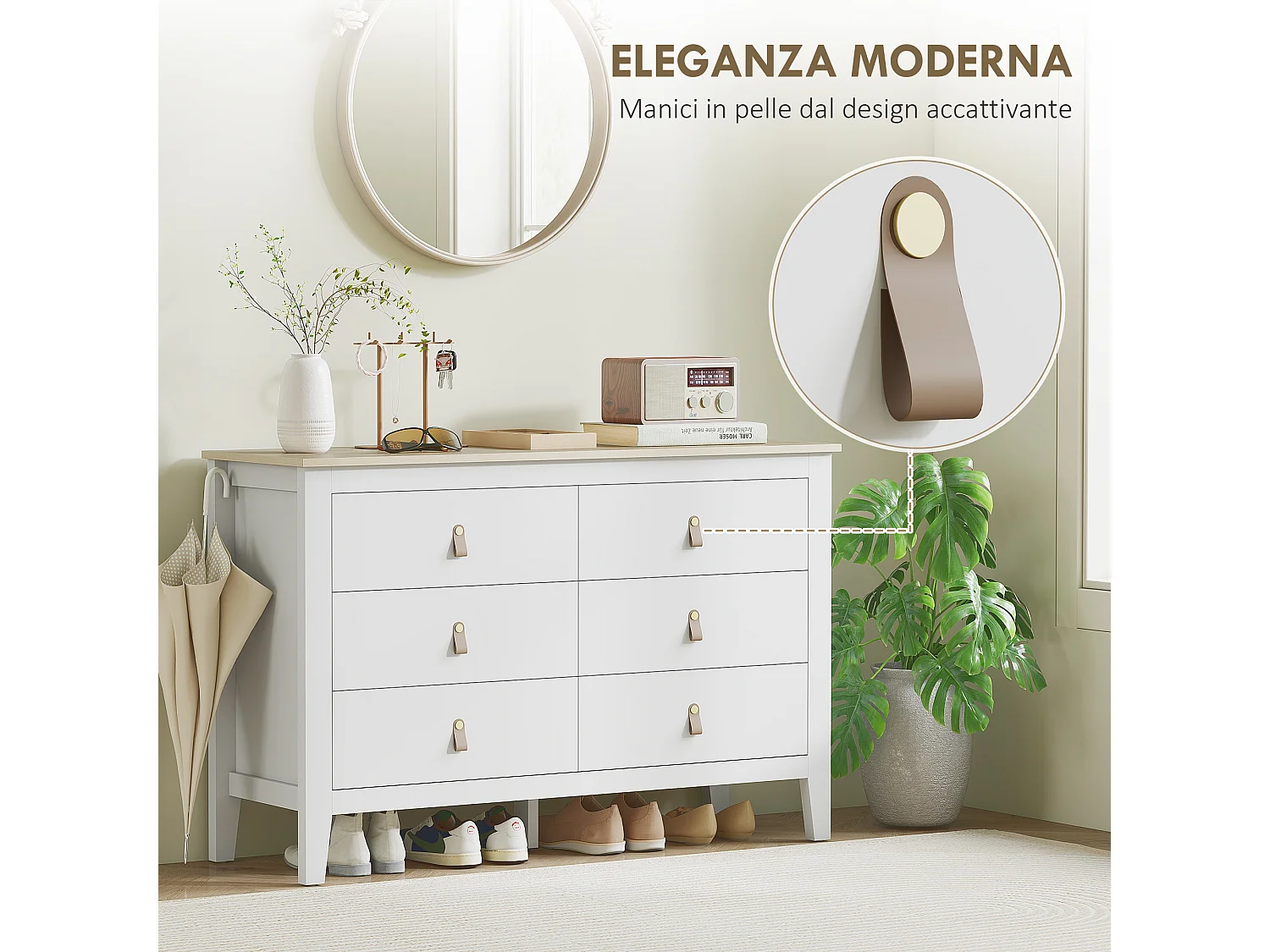 Cassettiera 6 cassetti con maniglie in finta pelle bianco