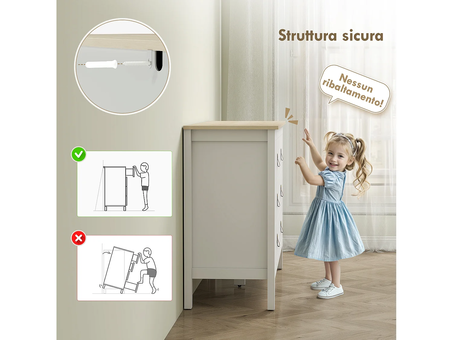 Cassettiera 6 cassetti con maniglie in finta pelle bianco